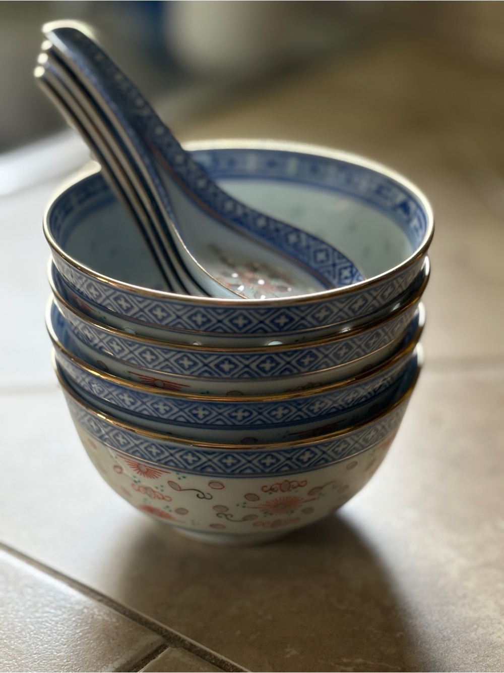 Blue and White Porcelain Rice Bowls & Spoons - Vintage